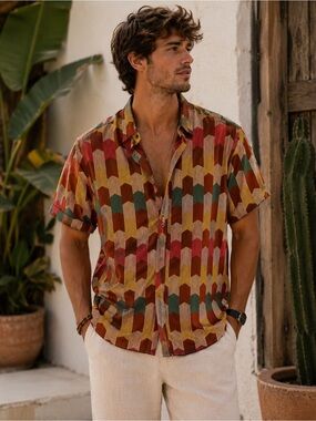 Colorful Geometric Print Men's Casual Button Down Shirt Size L Festival Retro